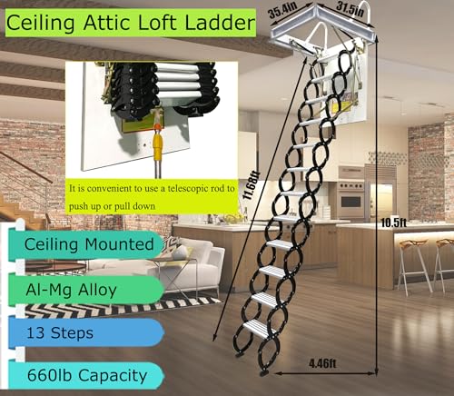 Attic Ladder 13 Steps Telescoping Folding Stairs, 10.5 ft Height Z45215