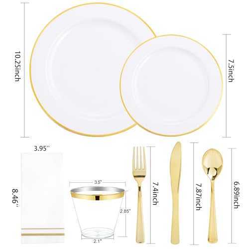 150 PCS Gold Plastic Plates Disposable Dinnerware Set with Cups for Party Wedding S565