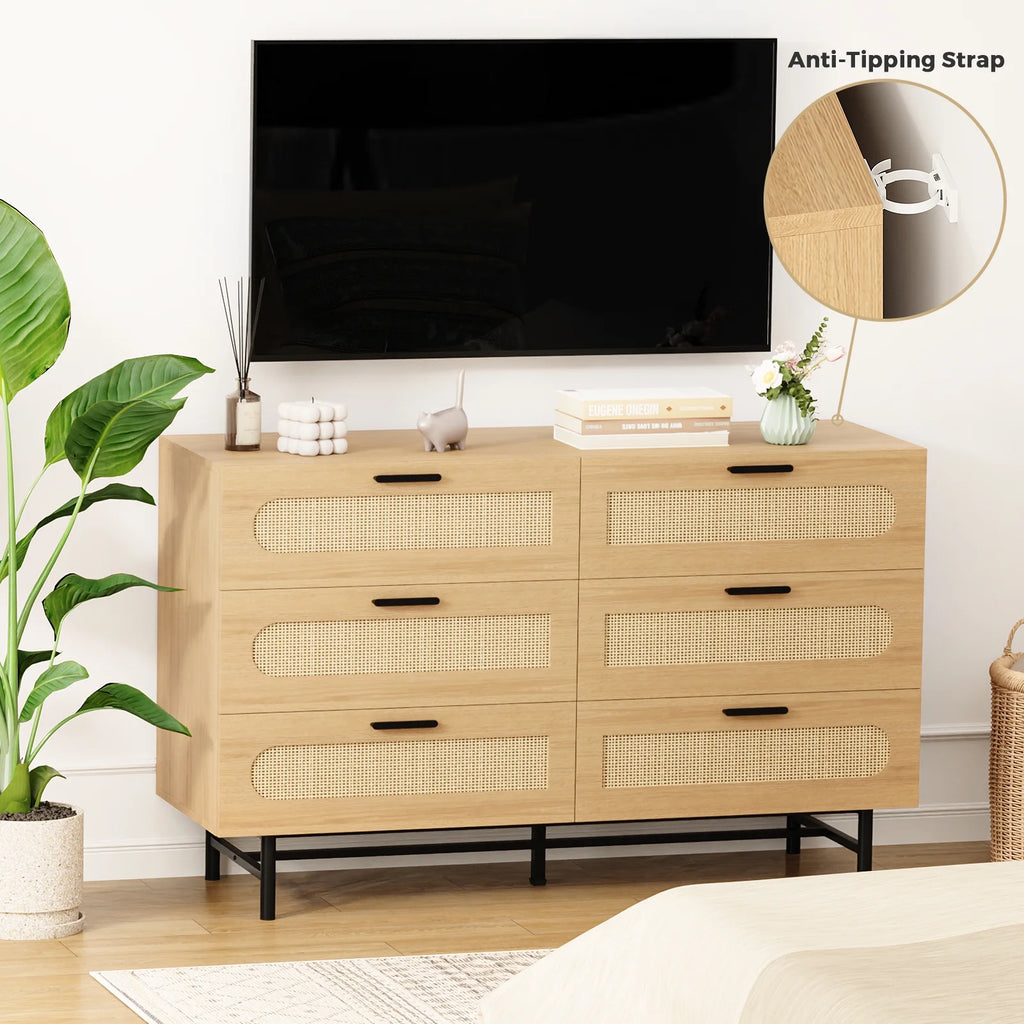 6 Drawer Dresser for Bedroom, Natural Rattan Chest of Drawers O113328