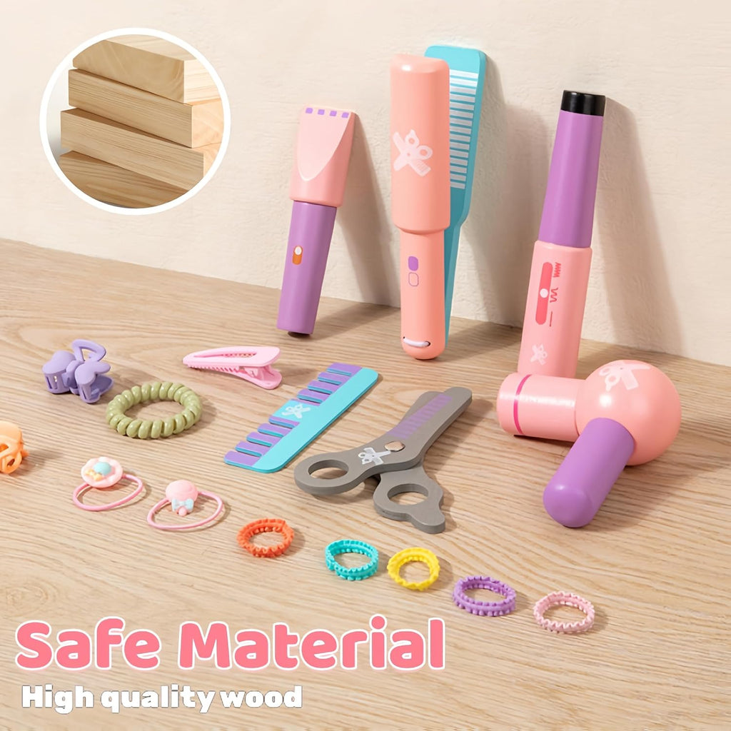 Wooden Makeup Toy Set for Girls with Hair Dryer and Styling Accessories Q81717