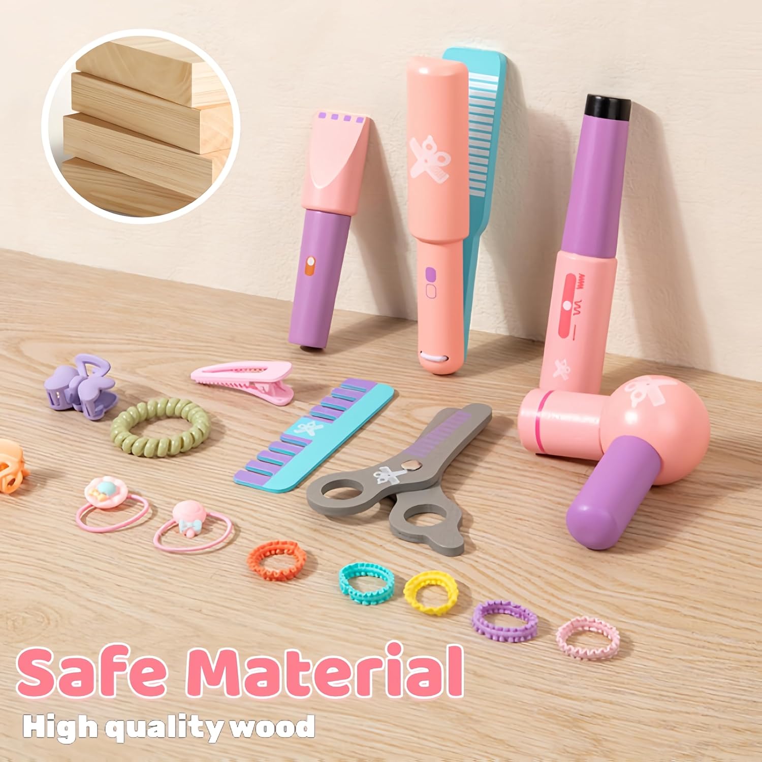 Wooden Makeup Toy Set for Girls with Hair Dryer and Styling Accessories Q81717