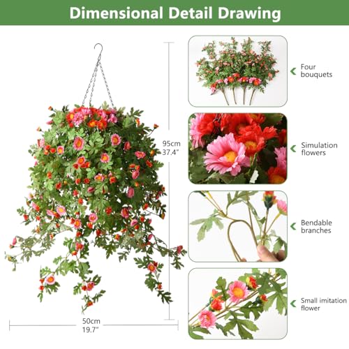 Artificial Hanging Flowers with Basket, Silk Chrysanthemum Arrangement, 4 Pack for Patio Garden Decor B671