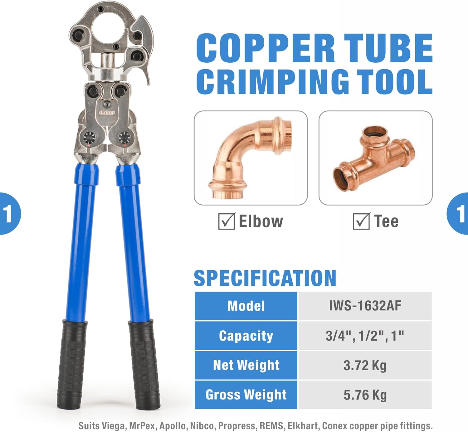 Copper Tubing Press Tool for 1/2", 3/4", 1" Fittings H965598