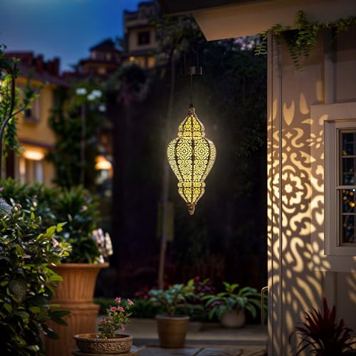 Hanging Solar Lights Outdoor Lantern Garden Decor Waterproof Plastic Gold I302199