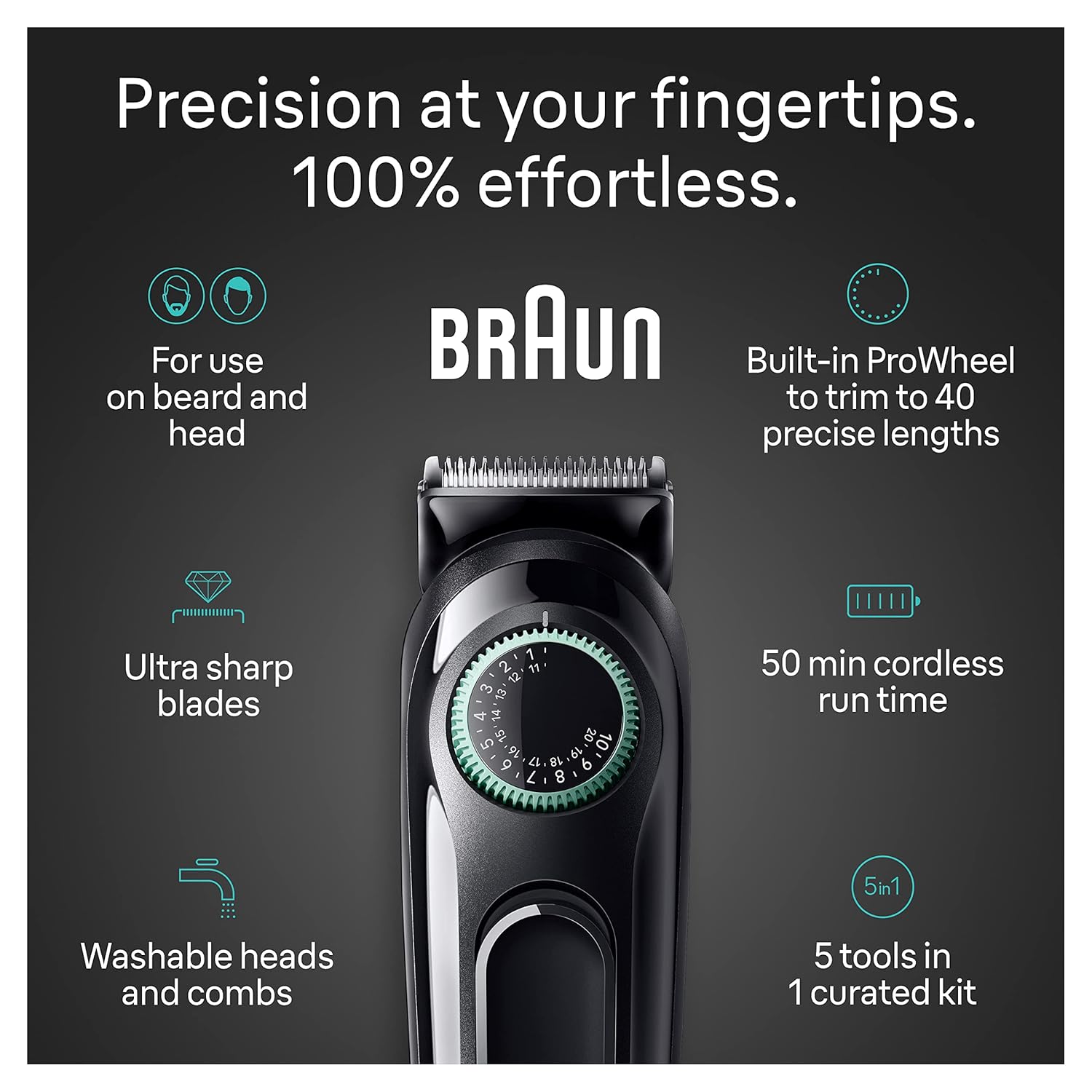 5-in-1 Men's Trimmer with Beard, Ear & Nose Trimmer, Hair Clippers, 40 Length Settings, Washable M635768