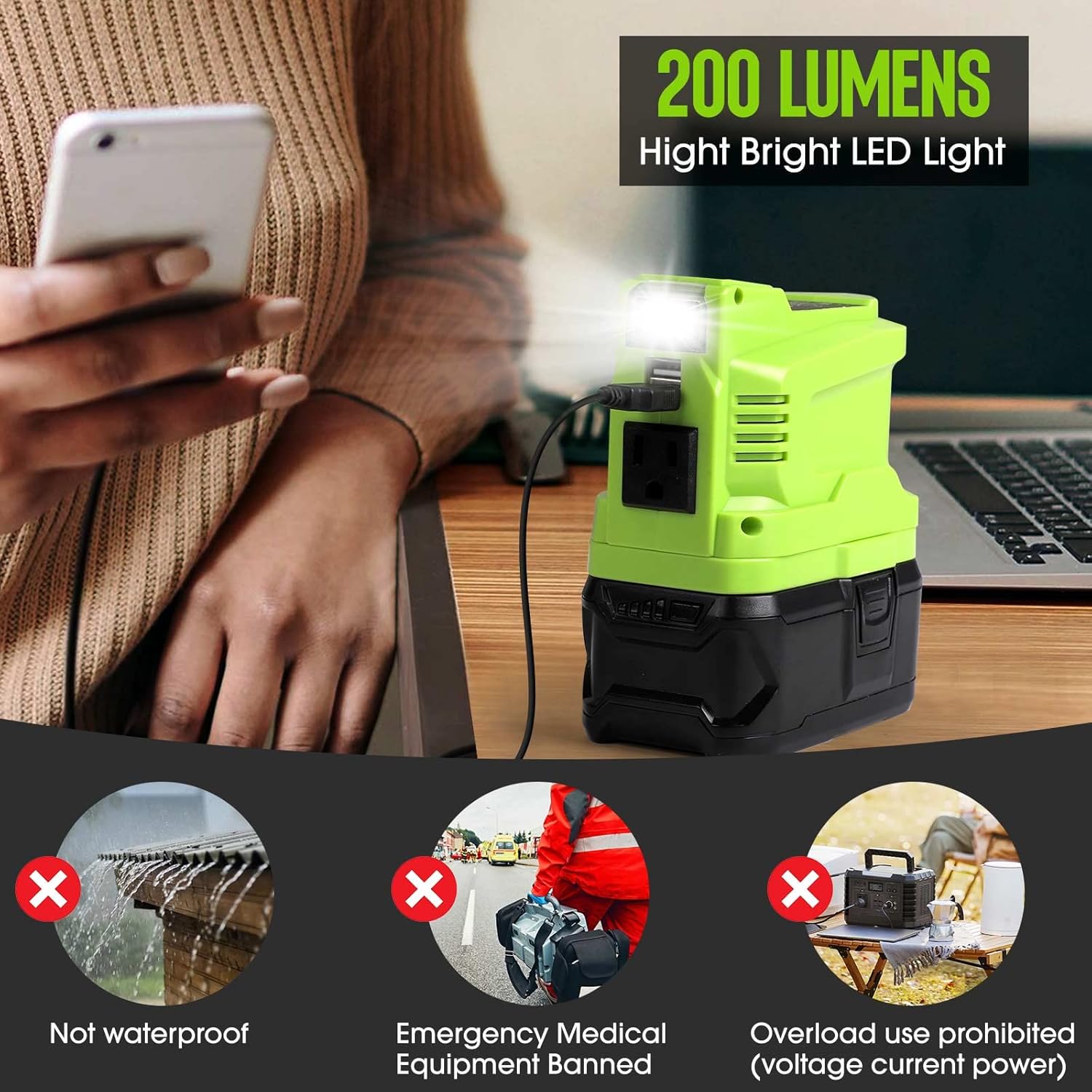 Portable Inverter Generator 150W for 18V Battery, 110V/120V AC Output, USB Charger Adapter with LED Light X8994