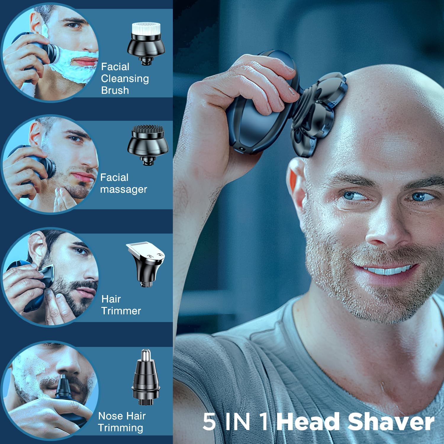 5-in-1 Electric Razor for Bald Men, Rotary Shaver Grooming Kit, IPX7 Waterproof W68093