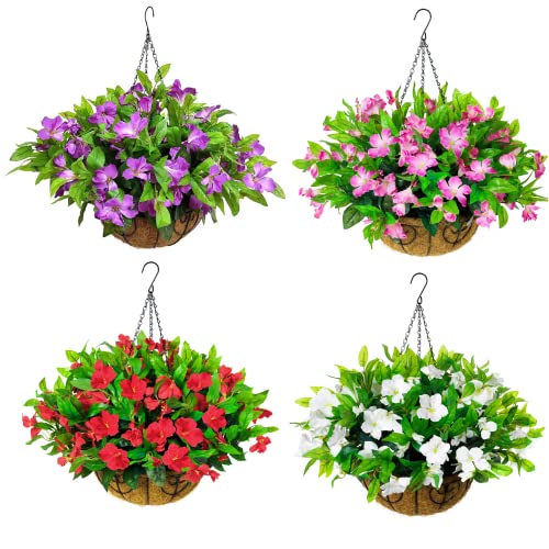 Artificial Faux Hanging Basket with Pink Azalea Flowers for Outdoor Patio Garden Decor E625