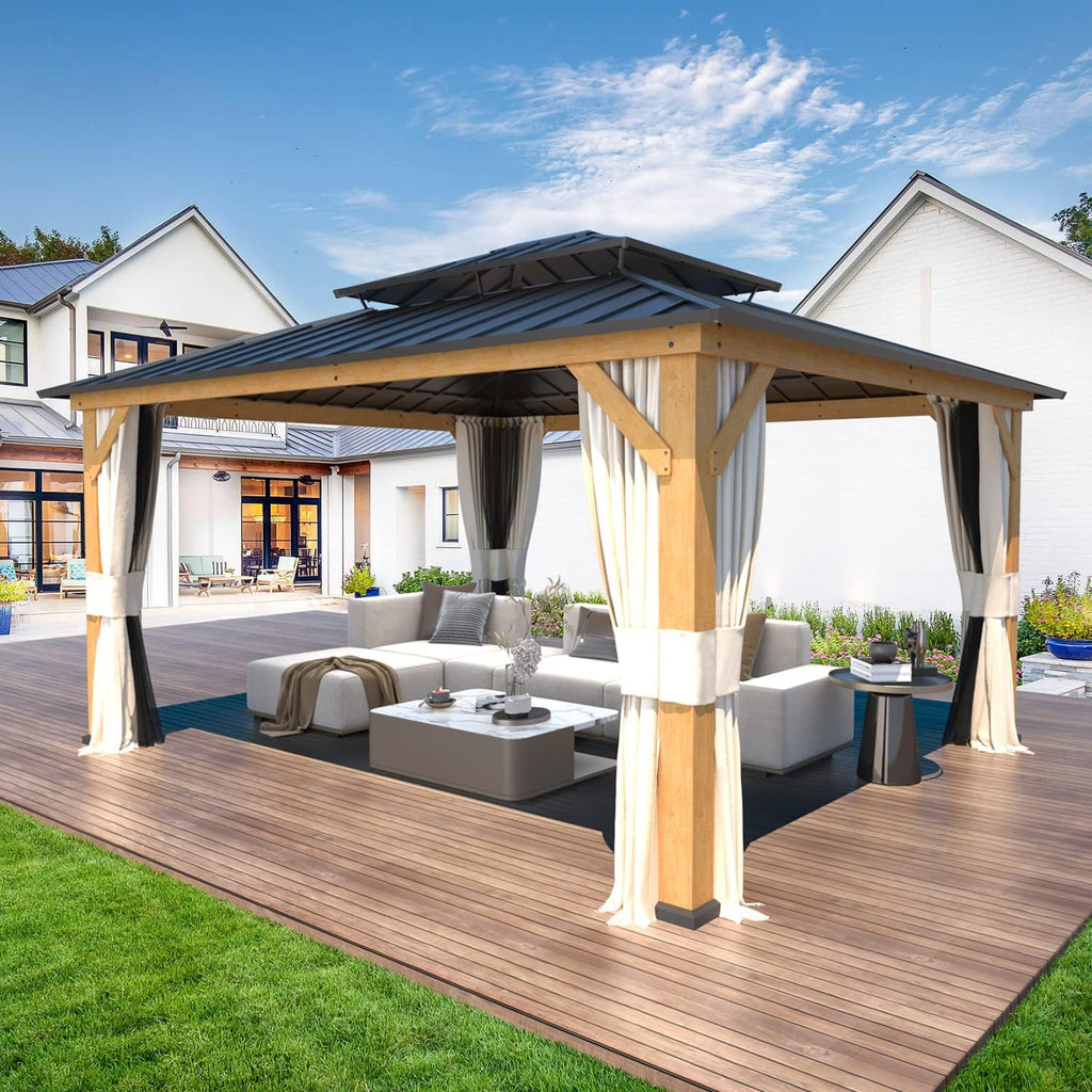 13'x15' Wood Gazebo with Netting and Curtains C6231