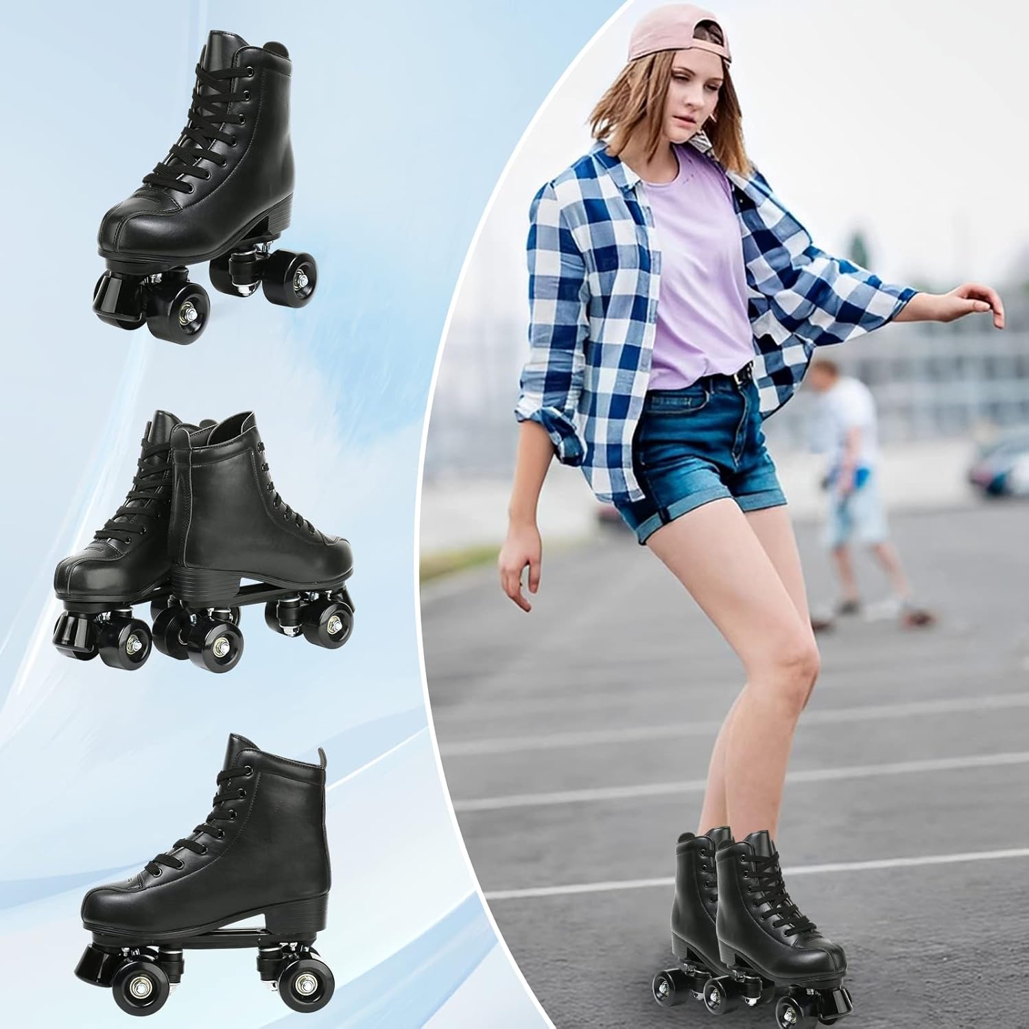 PU Leather Roller Skates for Women, Adjustable Four-Wheel D8699