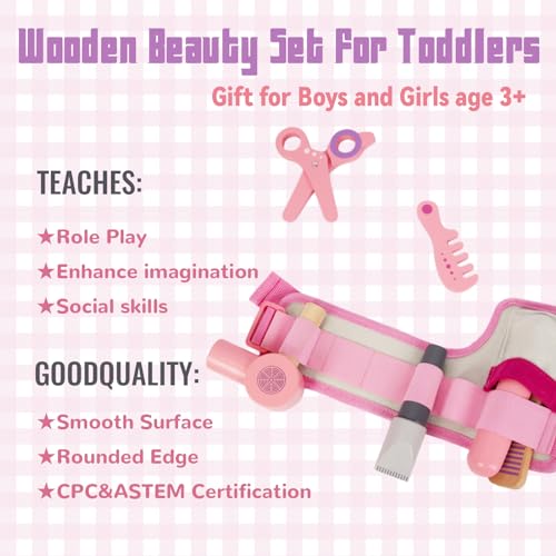 Wooden Hair Salon Pretend Play Set with Blow Dryer and Styling Accessories Z591