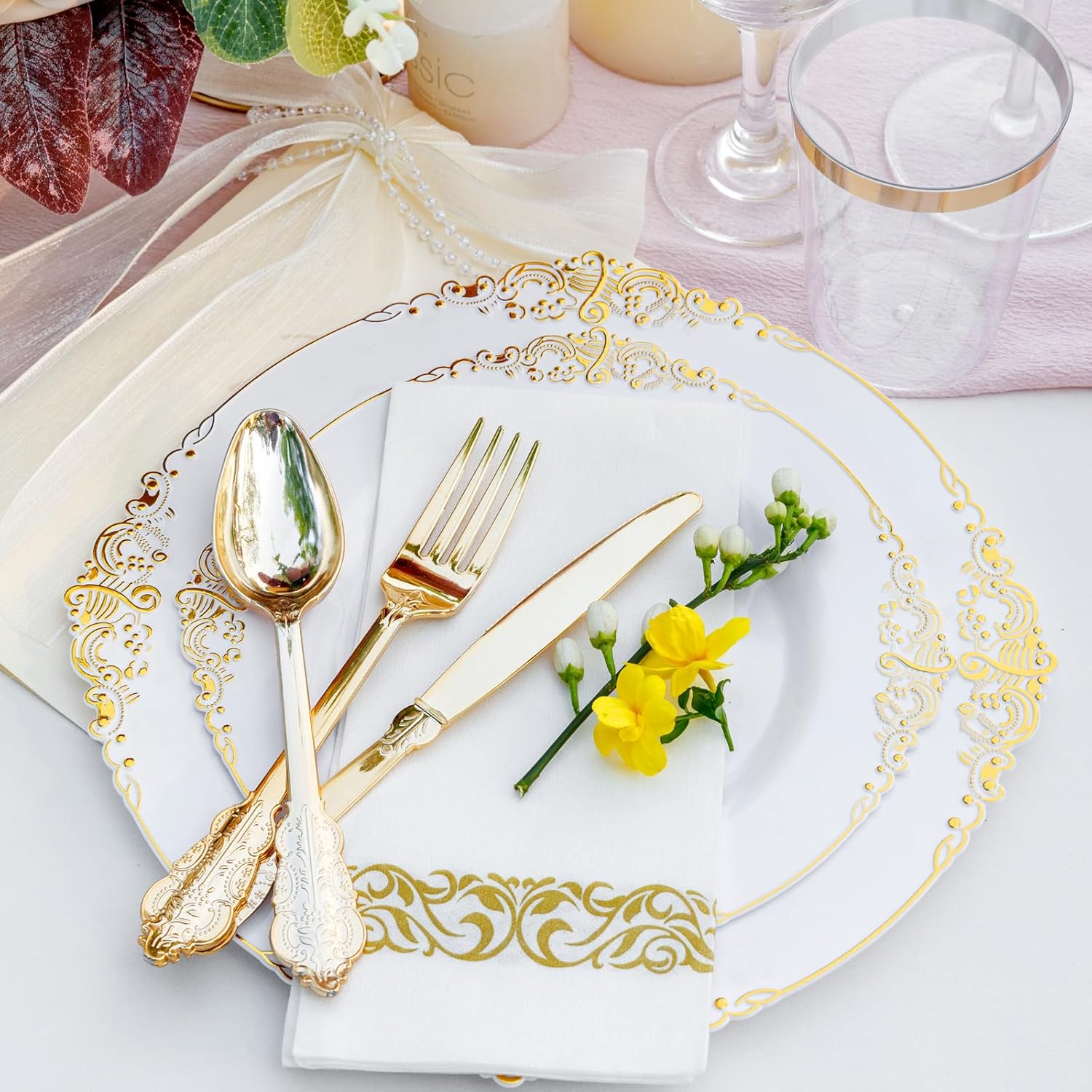 Gold Plastic Dinnerware Set for 50 Guests B56368