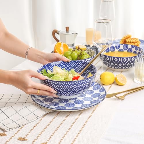 Ceramic Salad Bowl Set, 53 oz, 8 Inch, Stackable, Set of 3, Vintage Blue D421999