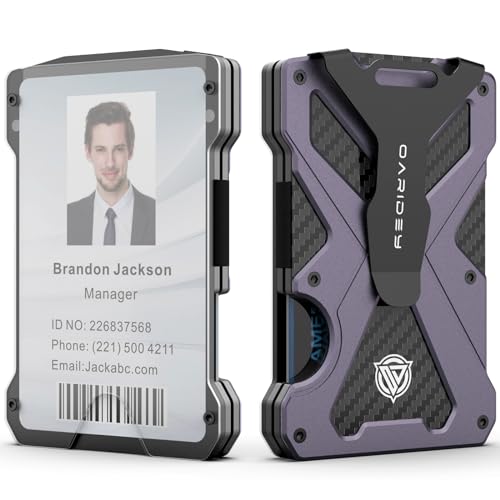 Minimalist Wallet for Men- Slim Aluminum Metal Money Clip Wallet with Clear ID Card Holder, Carbon Fiber Wallet, RFID Blocking,Holds up 15 Cards with Cash Clip,Ultra-Thin Tactical Wallet - Dark Grey