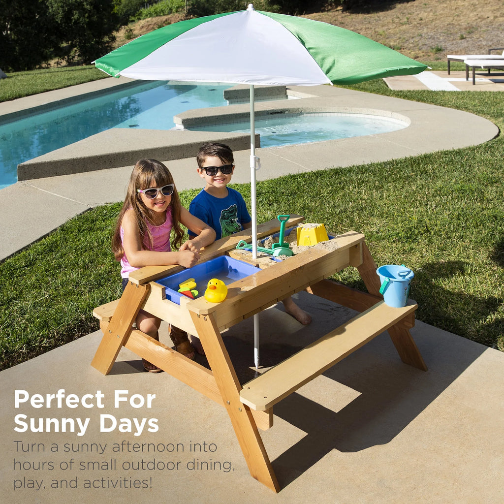 Kids 3-in-1 Outdoor Convertible Wood Activity Sand & Water Picnic Table with Umbrella F469