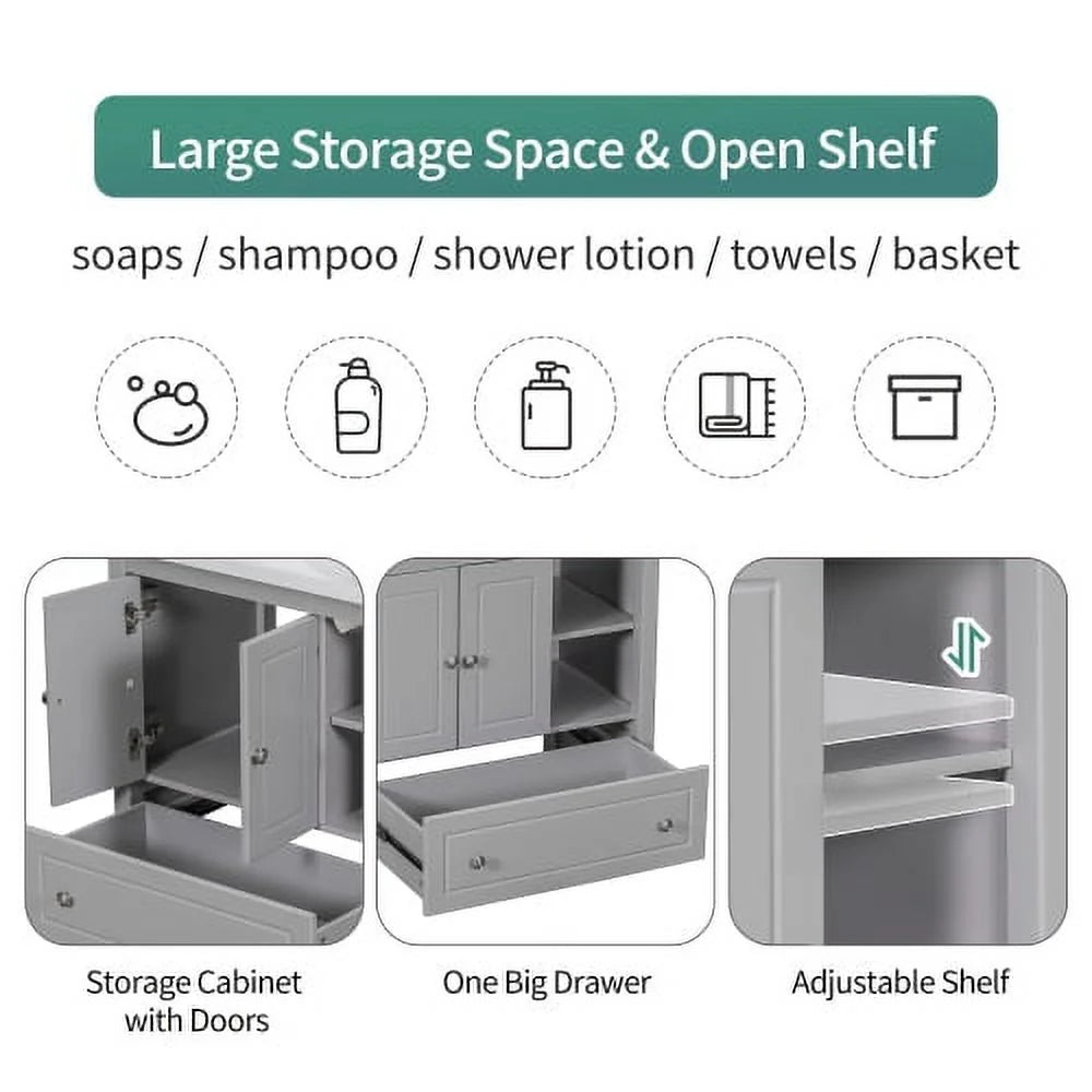 Bathroom Vanity with Sink and Storage Cabinet, Solid Wood Frame, Grey F108943