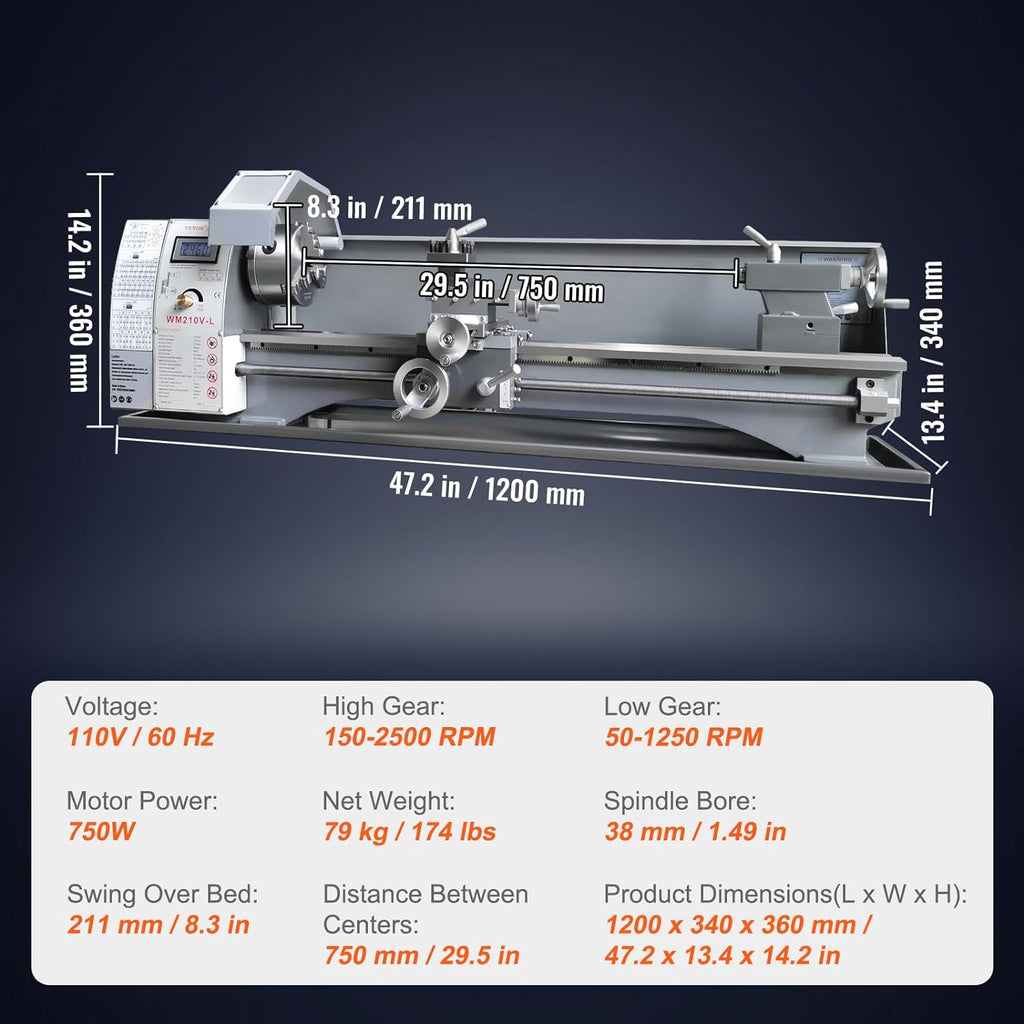 Metal Lathe Machine, 8.3" x 29.5", 0-2500 RPM, 750W Brushless Motor A417