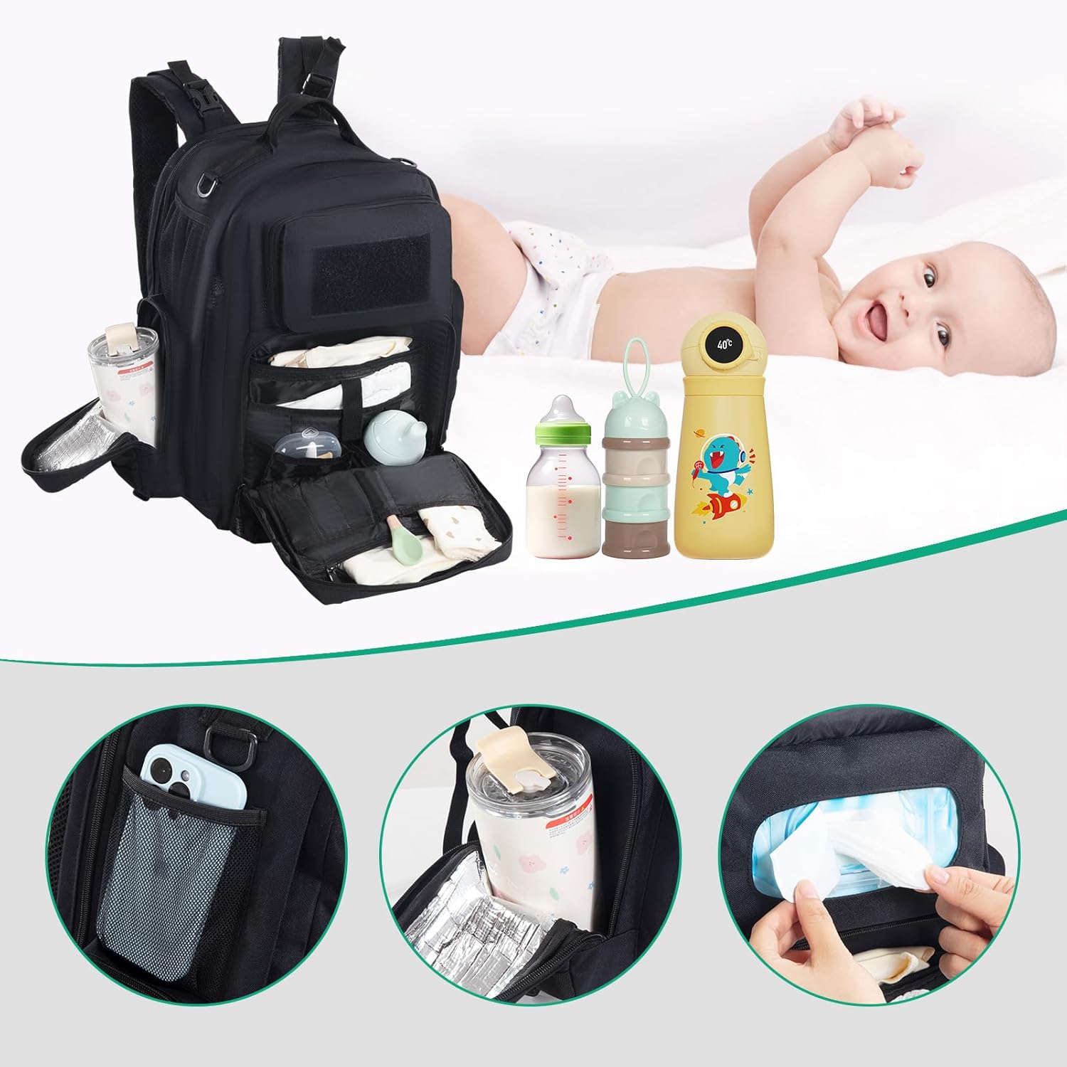 Diaper Bag Backpack with Changing Station, Expandable, Waterproof V8133