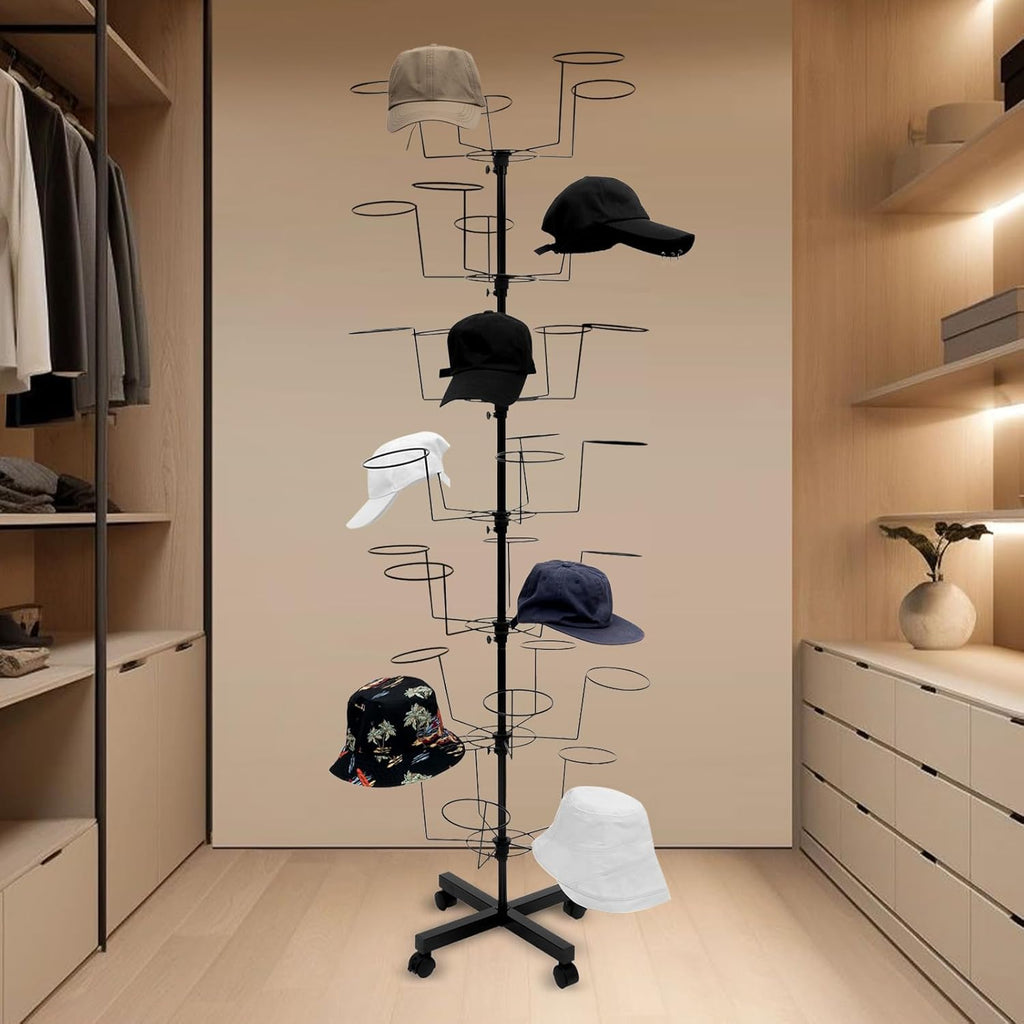 Rotating Hat Display Stand with Wheels, Adjustable Cap Organizer, Metal Hooks T556391