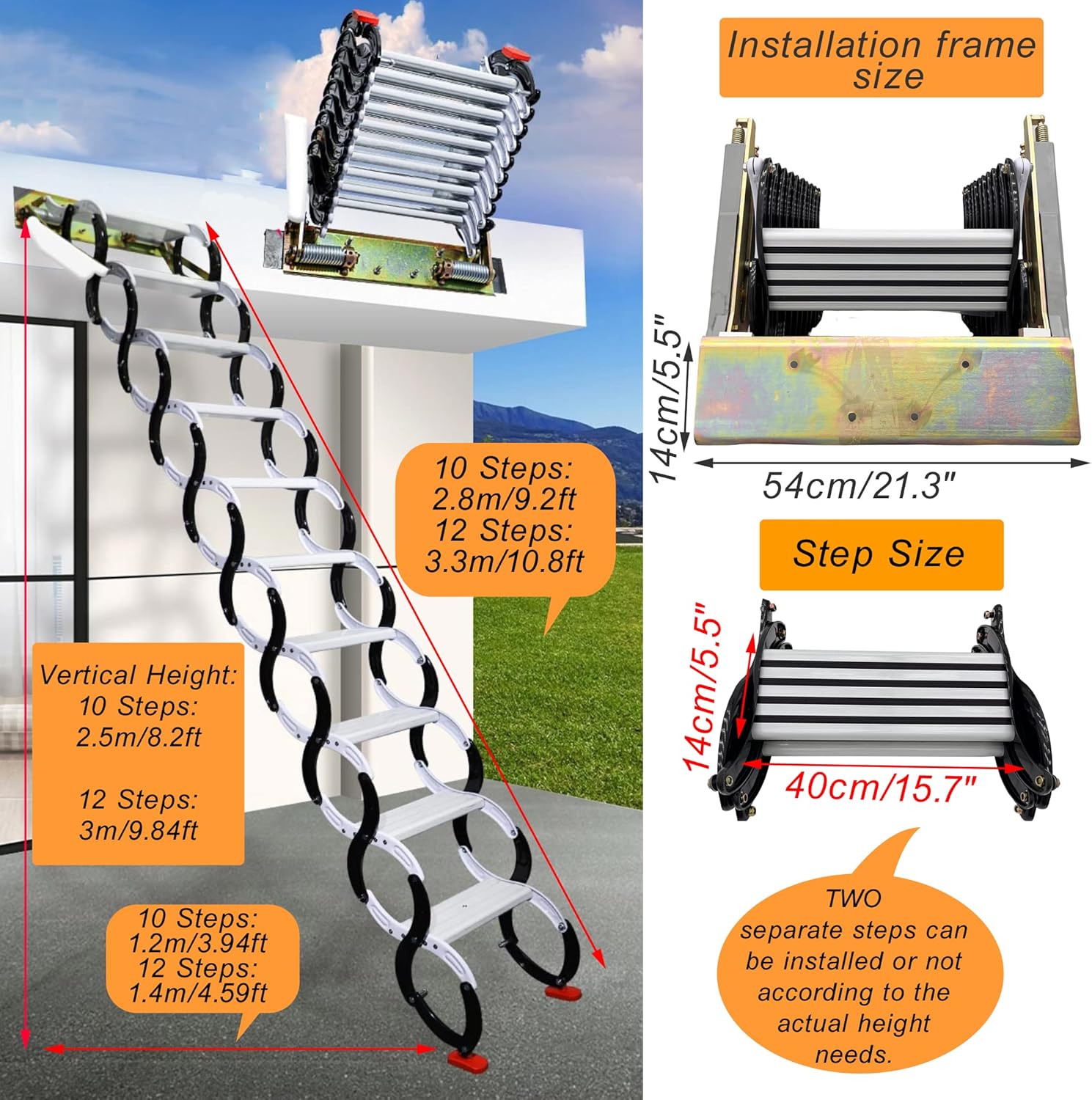 Folding Attic Ladder, Wall-Mounted Retractable Loft Stairs, 12 Steps, 9.8ft Max Height R160035