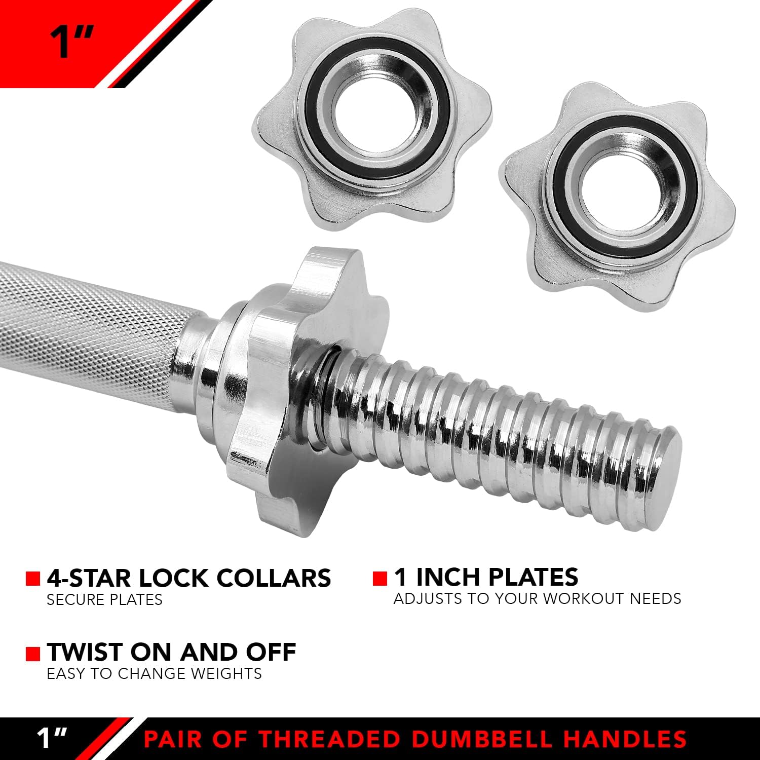 Threaded Dumbbell Handles, Set of 2, with Star Collars, Fits 1" Standard Plates M5367