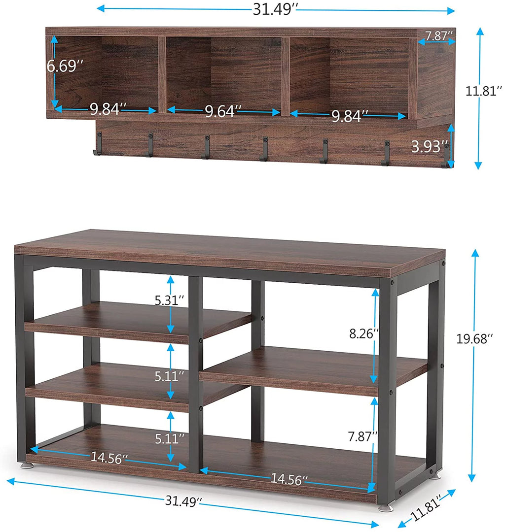 Hall Tree with Bench, 3 Storage Cubbies, 7 Hooks for Entryway T936