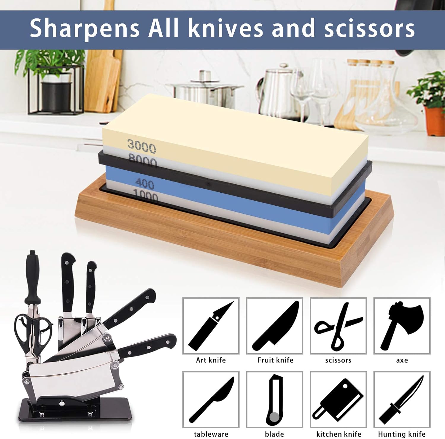 Sharpening Stone Set 4 Side Grit 400/1000 3000/8000 with Bamboo Base A536836
