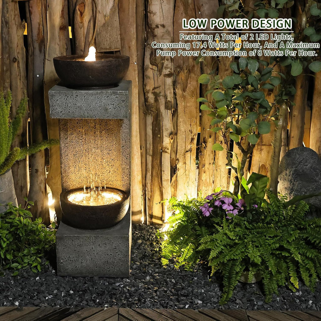 Outdoor Garden Water Fountain with Lights and Stone Planter K71660