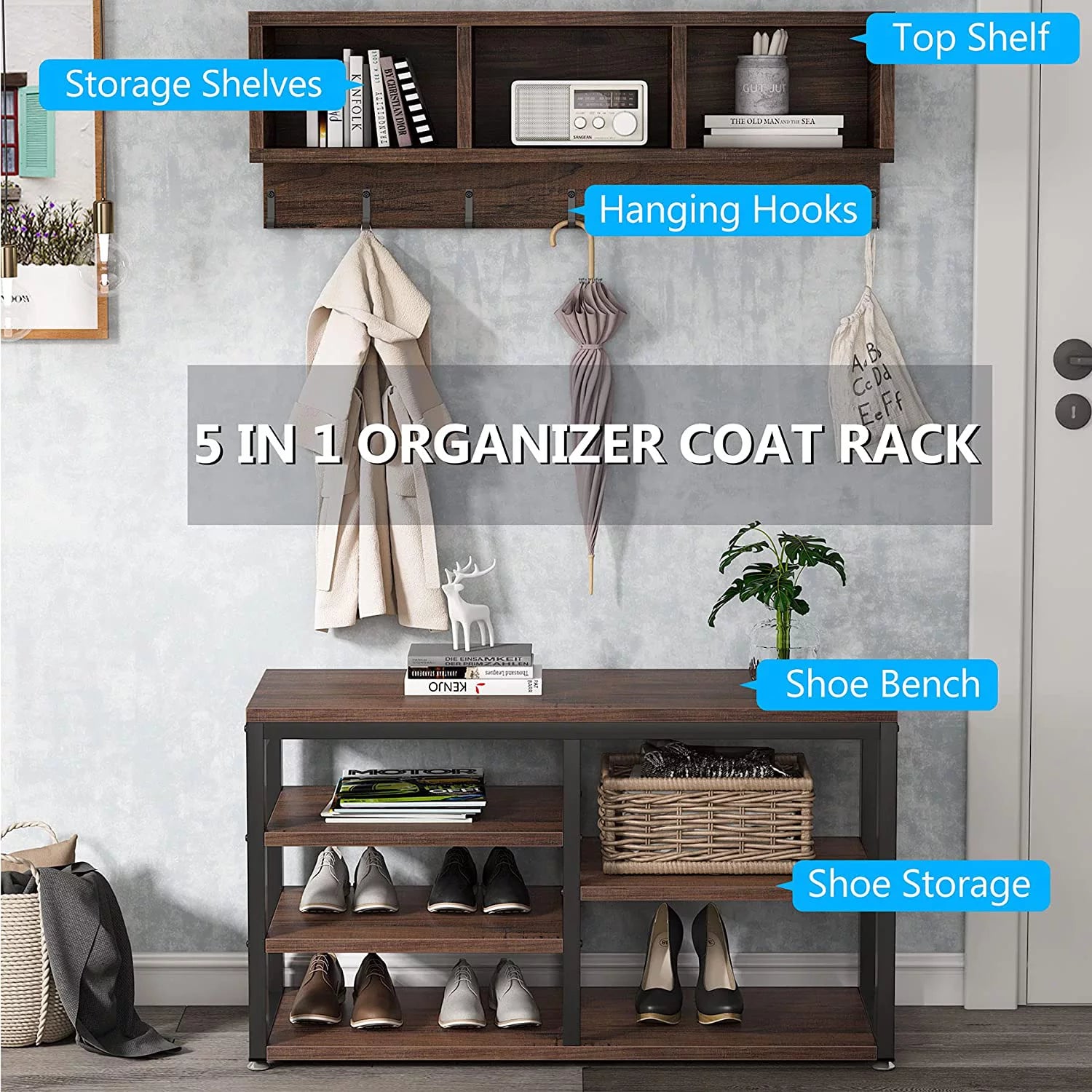 Hall Tree with Bench, 3 Storage Cubbies, 7 Hooks for Entryway T936