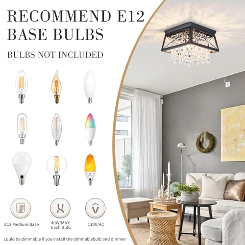 Crystal Flush Mount Ceiling Light, 11.8 inch 4-Light Black Farmhouse Metal Fixture Y816