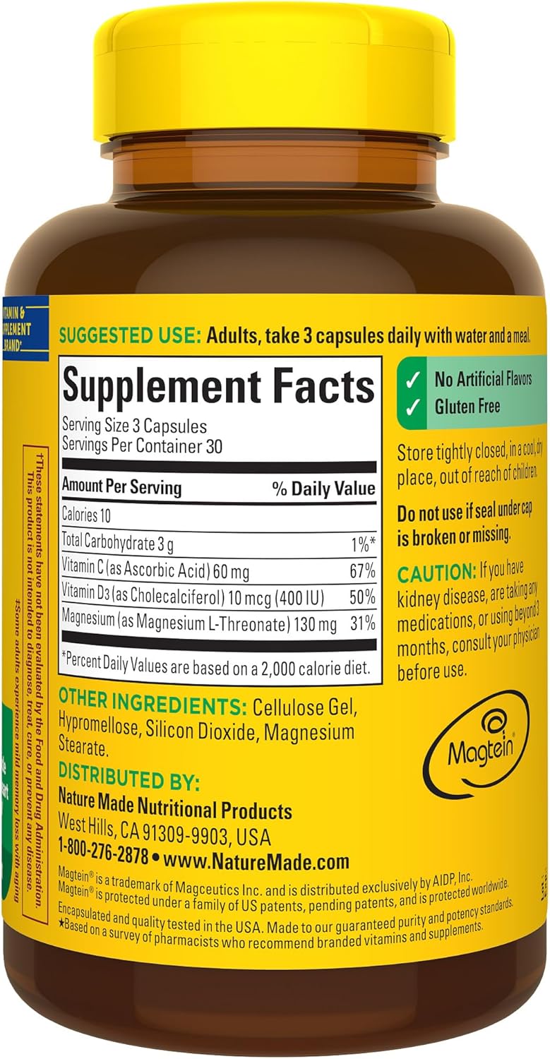 Magnesium L-Threonate with Vitamin C & D3, Cognitive Support Supplement, 90 Capsules L7179