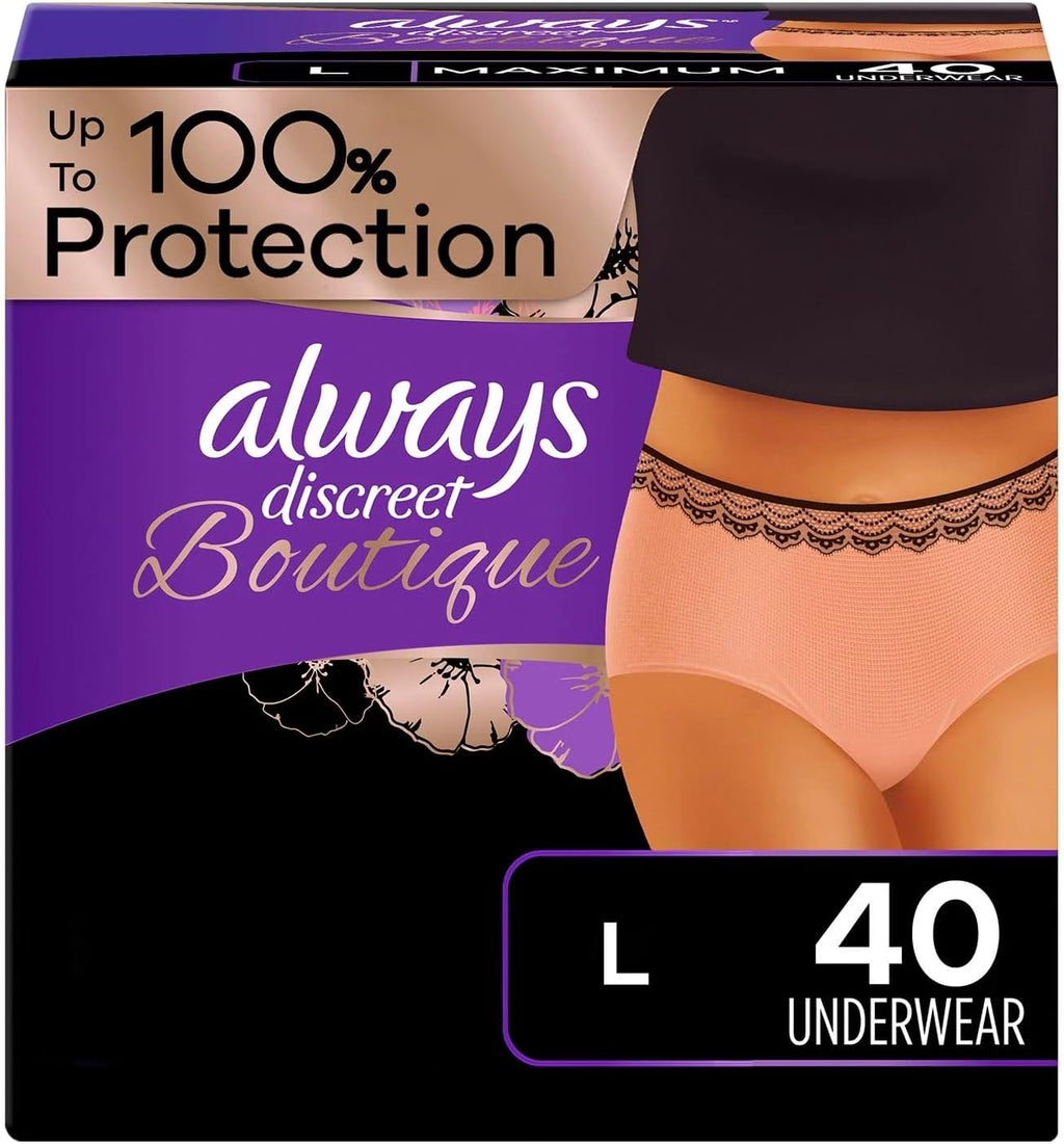 Always Discreet Boutique Incontinence Underwear, Maximum Absorbency, L (40 Ct)