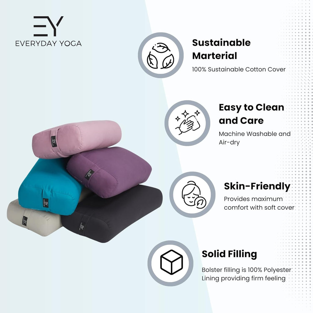 Yoga Bolster and Strap Set, Rectangular Meditation Pillow, Soft Lightweight with Carry Handle K1545