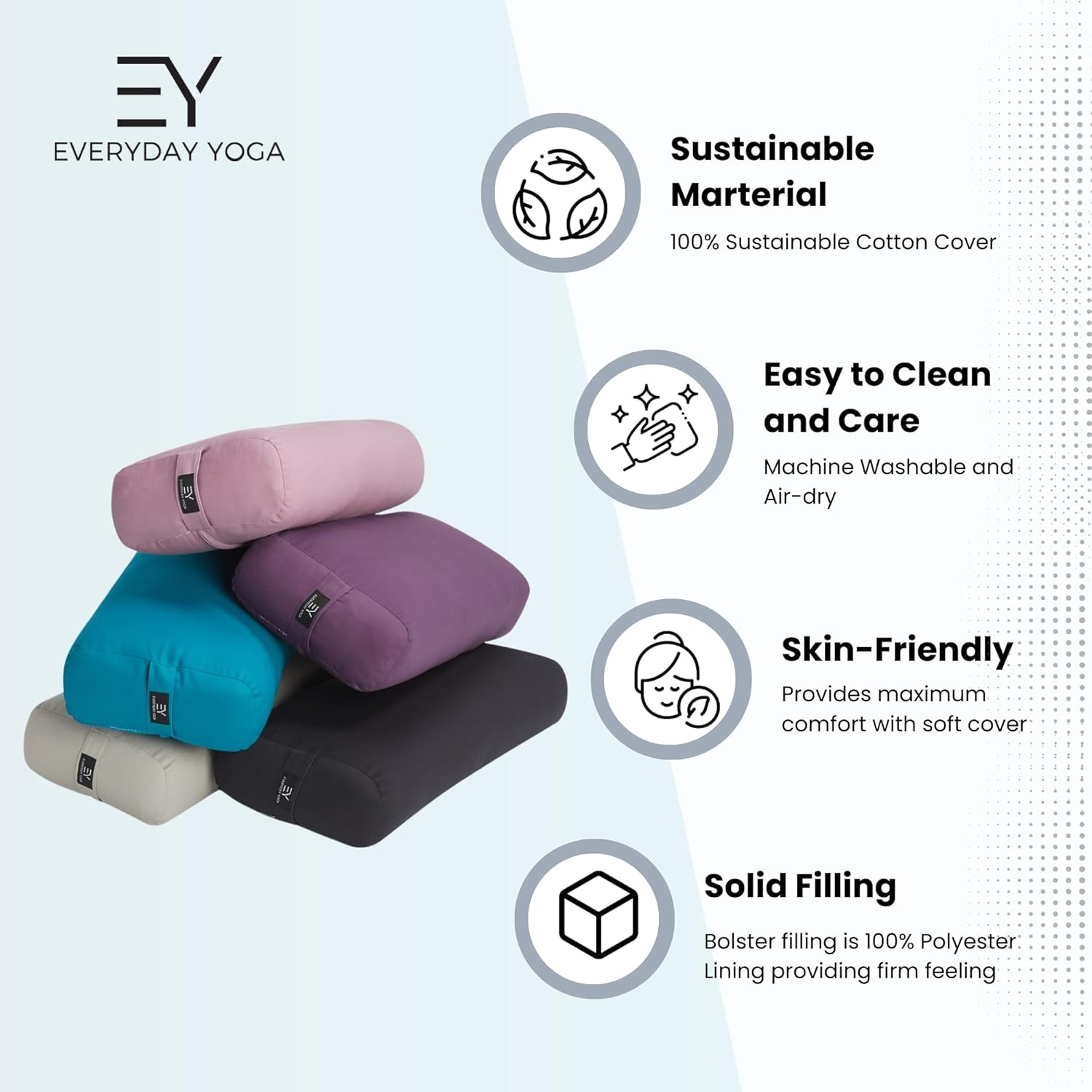 Yoga Bolster and Strap Set, Rectangular Meditation Pillow, Soft Lightweight with Carry Handle K1545