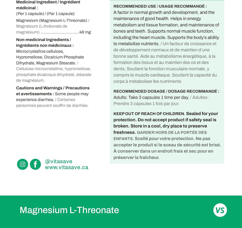 Magnesium L-Threonate 144mg, 120 Capsules A739
