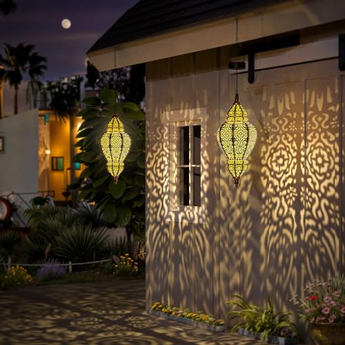 Hanging Solar Lights Outdoor Lantern Garden Decor Waterproof Plastic Gold I302199