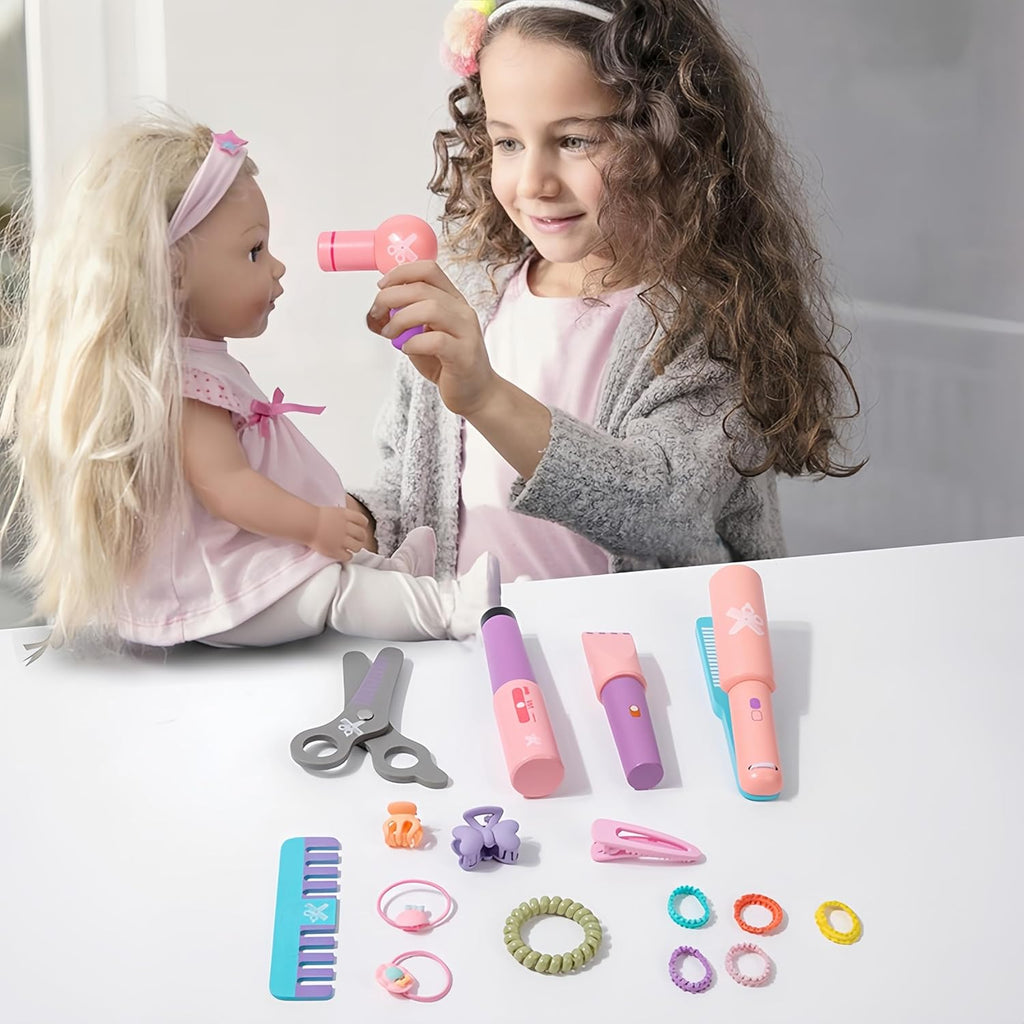 Wooden Makeup Toy Set for Girls with Hair Dryer and Styling Accessories Q81717