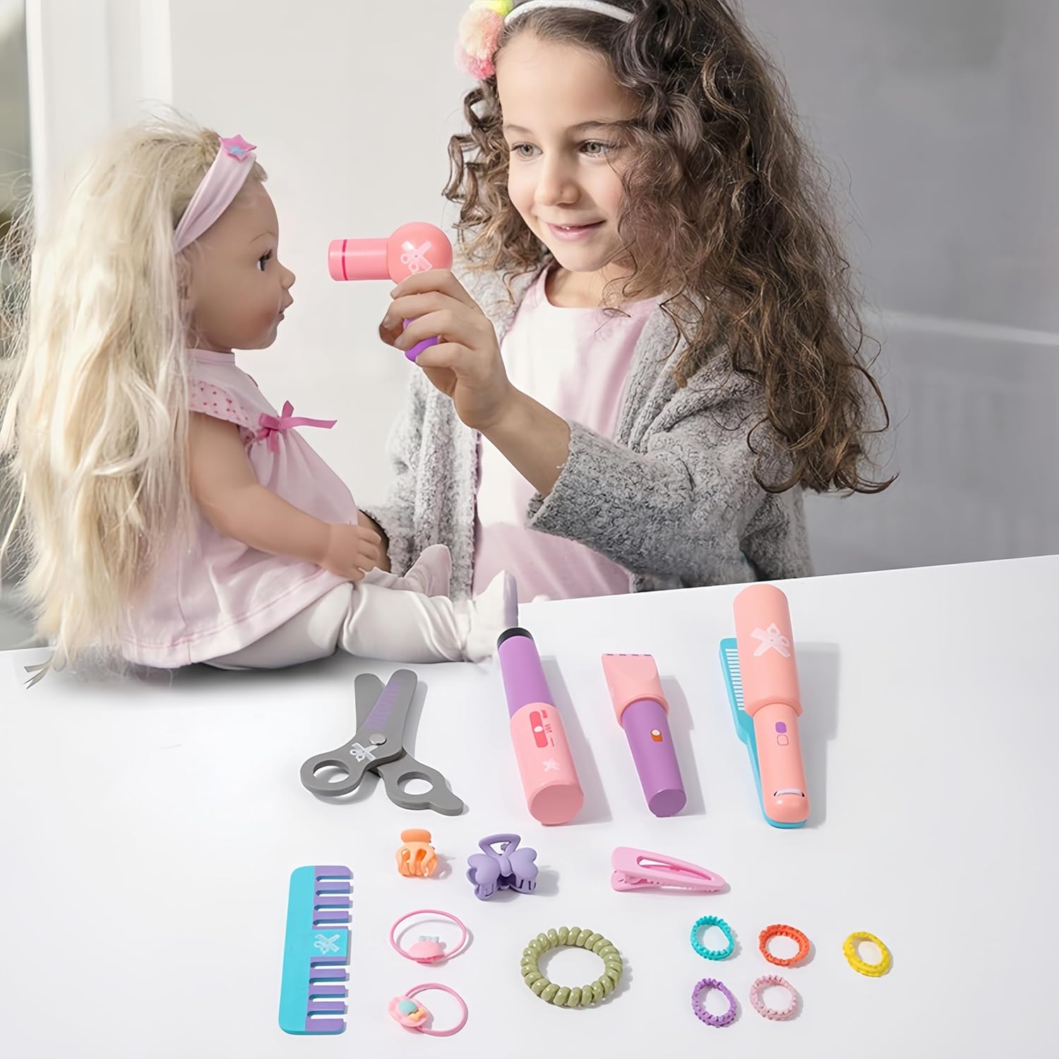 Wooden Makeup Toy Set for Girls with Hair Dryer and Styling Accessories Q81717