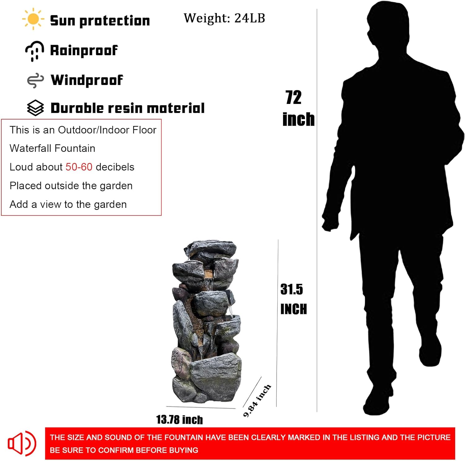 Outdoor Rock Water Fountain with Light, 31.5 Inch V212