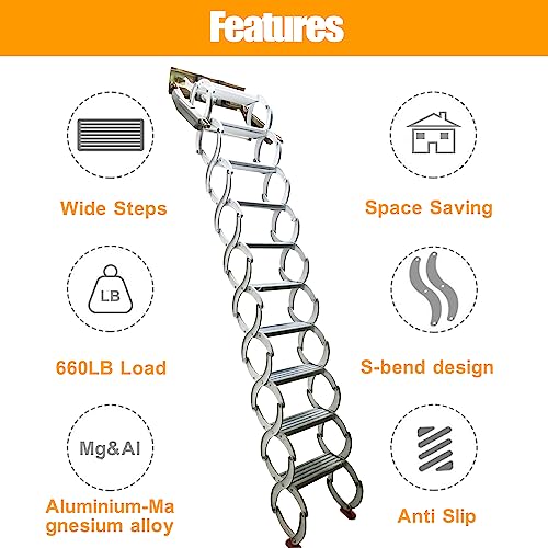 Folding Loft Ladder, 9.8 ft Wall Mounted Telescopic Attic Ladder, Al-Mg Alloy Pull Down Stairs with Adjustable Height P592