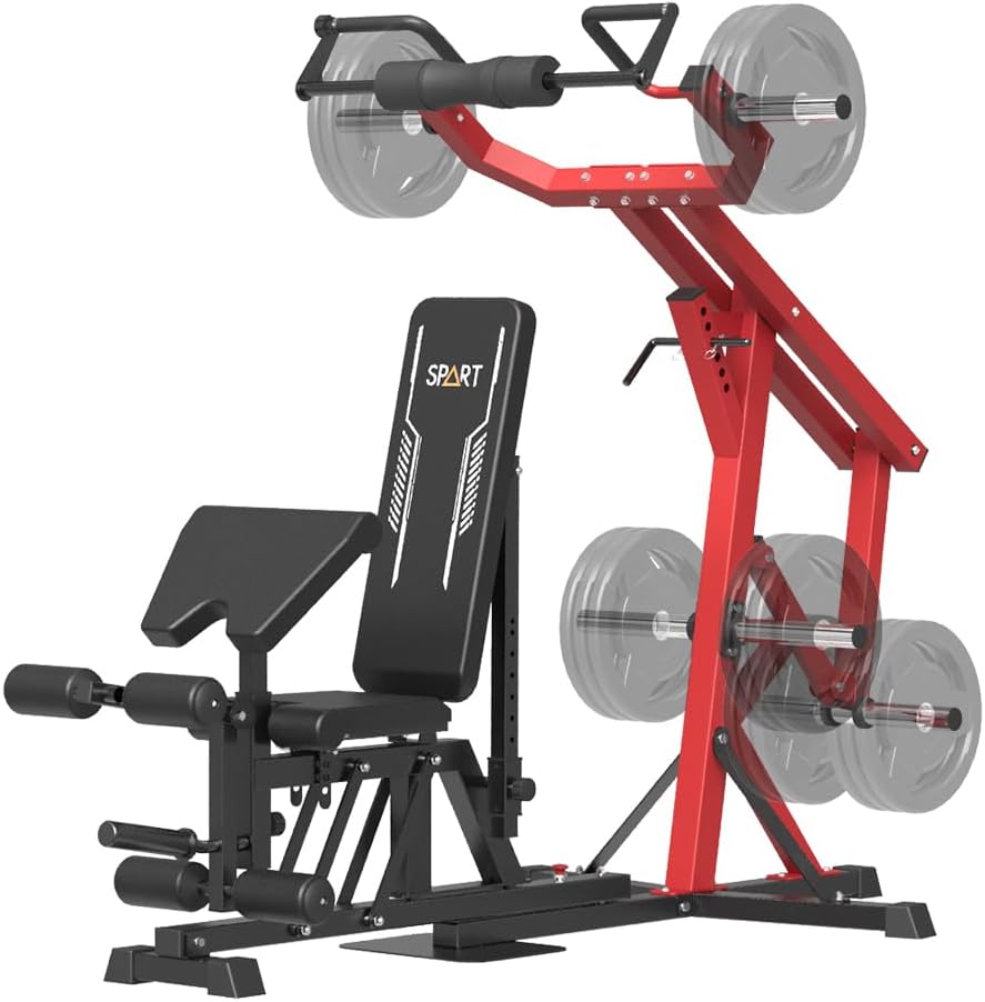 SPART Leverage Machine, Multifunctional Strength Training Station, Plate Loaded Lever Gym with Multi Bench Press for Chest, Shoulder, Back, Core, Leg, Full Body Workout Machine for Home Gym, Red