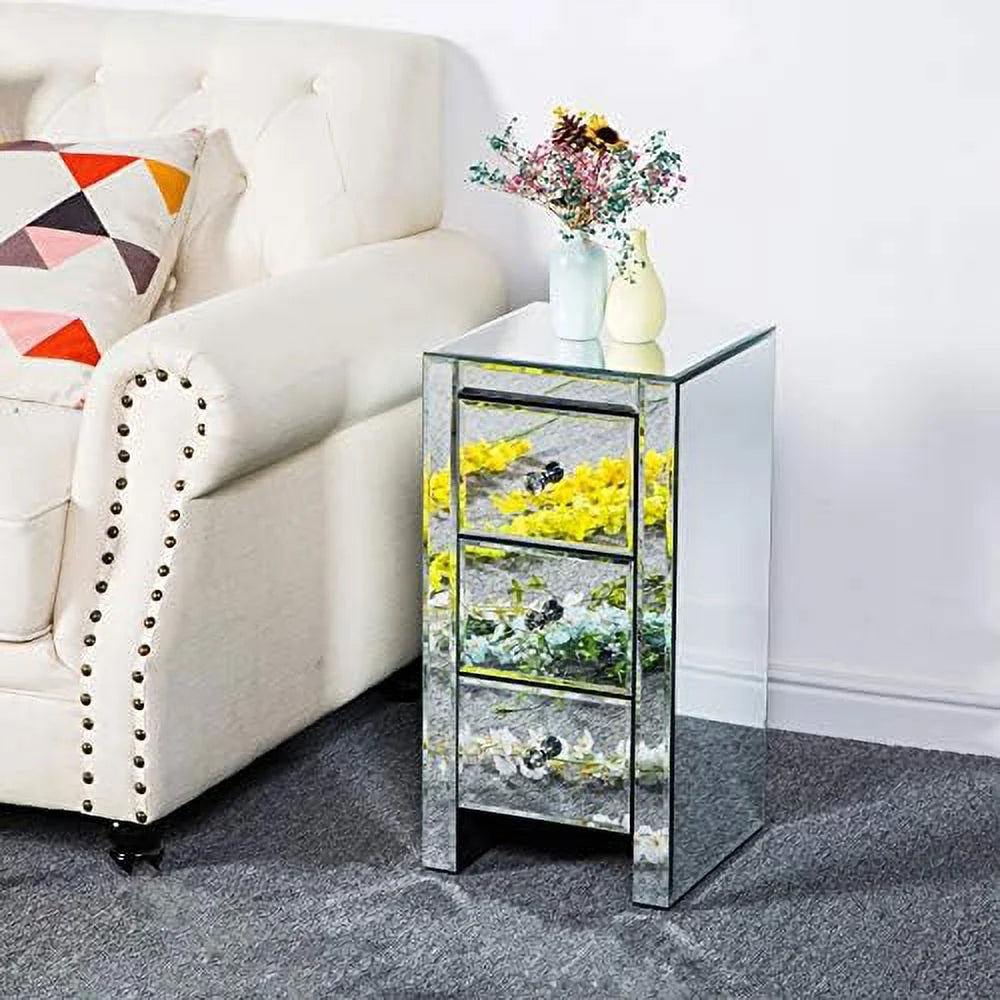 Mirrored Nightstand with 3 Drawers and Crystal-Style Knobs E928798