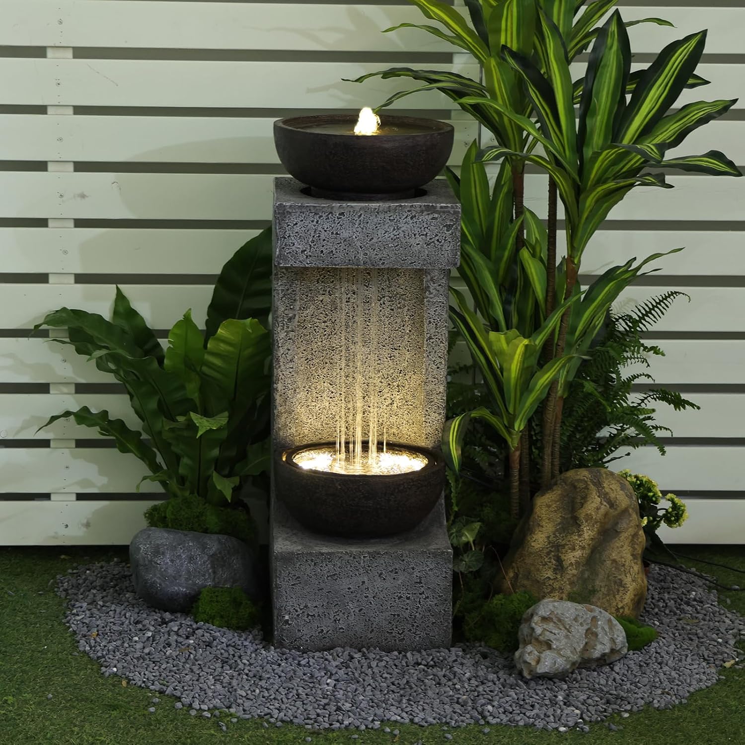 33.9" H Water Fountain Outdoor Garden Waterfall Decor for Garden, Patio, Backyard, Deck, Porch and Home Art Decor, Modern Tiered Outdoor Fountain with Lights and Stone Planter