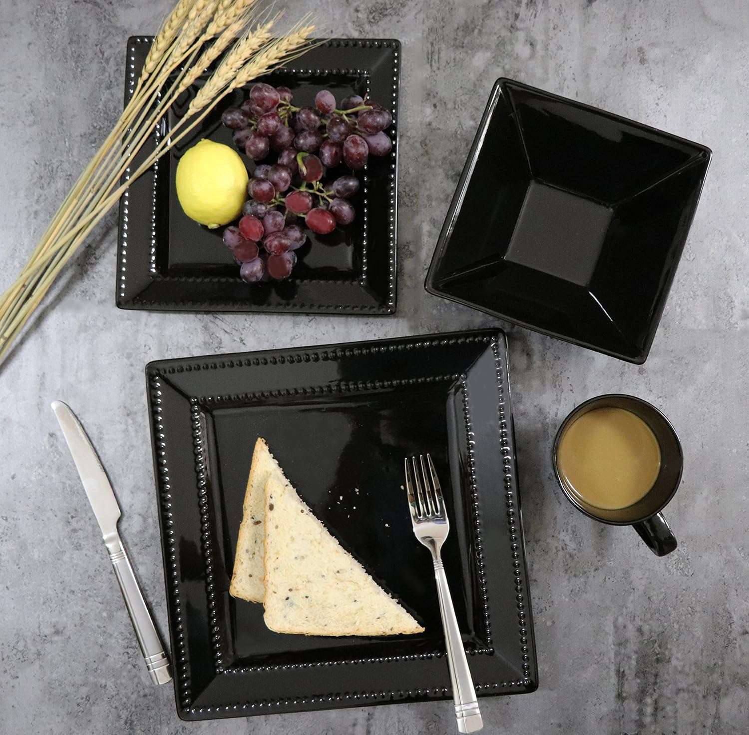Square Beaded Stoneware Dinnerware Set, 16 Piece, Black A310673