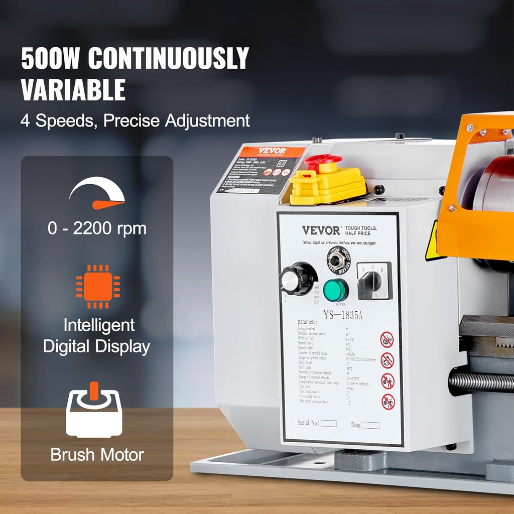 Metal Lathe Machine, 7 x 13.78 Inch, Benchtop Power Lathe, 0-2200 RPM Variable Speed, with Tool Box A98525