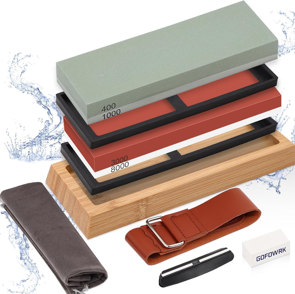 Knife Sharpening Stone Set, 4 Side Grit 400/1000, 3000/8000 Whetstone, Wet Stone Sharpener Stone Kit Include Leather Strop, Flattening Stone, Non-slip Bases, Angle Guide & Storage Bag