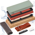 Knife Sharpening Stone Set, 4 Side Grit 400/1000, 3000/8000 Whetstone, Wet Stone Sharpener Stone Kit Include Leather Strop, Flattening Stone, Non-slip Bases, Angle Guide & Storage Bag