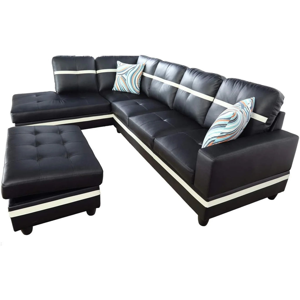 Leather Sectional Sofa Set, 3-Piece L-Shaped Couch with Chaise and Ottoman, Black A83234
