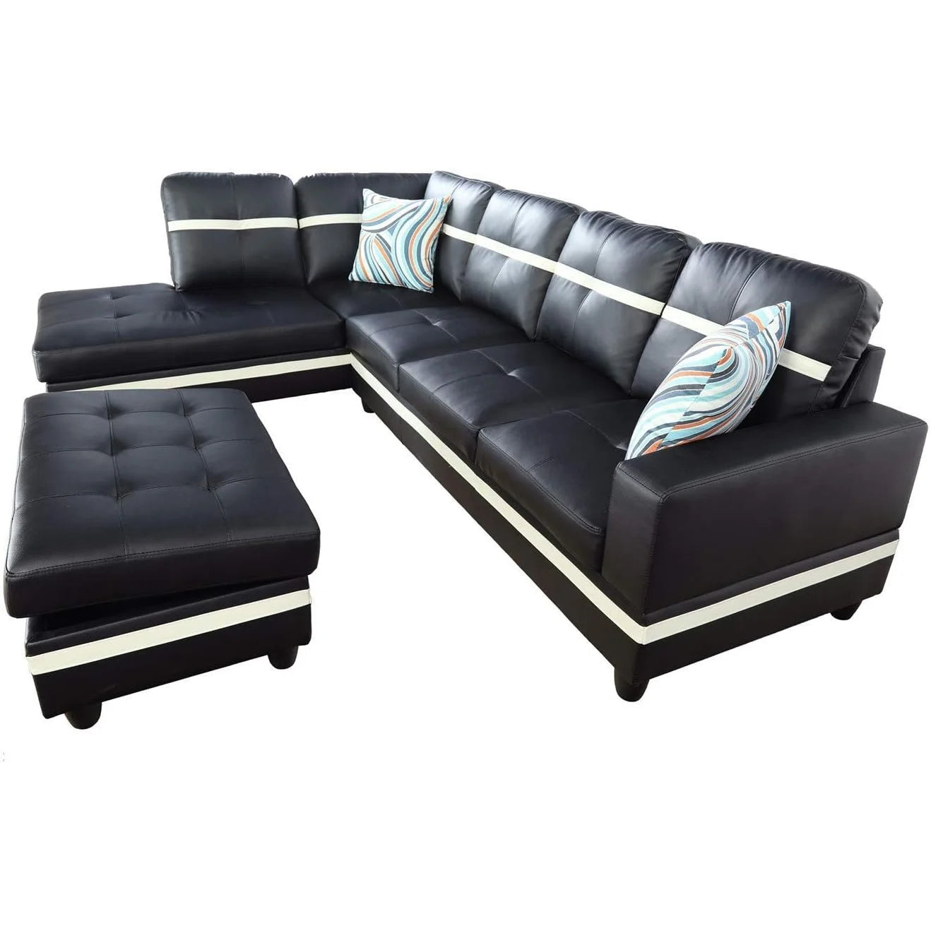 Leather Sectional Sofa Set, 3-Piece L-Shaped Couch with Chaise and Ottoman, Black A83234