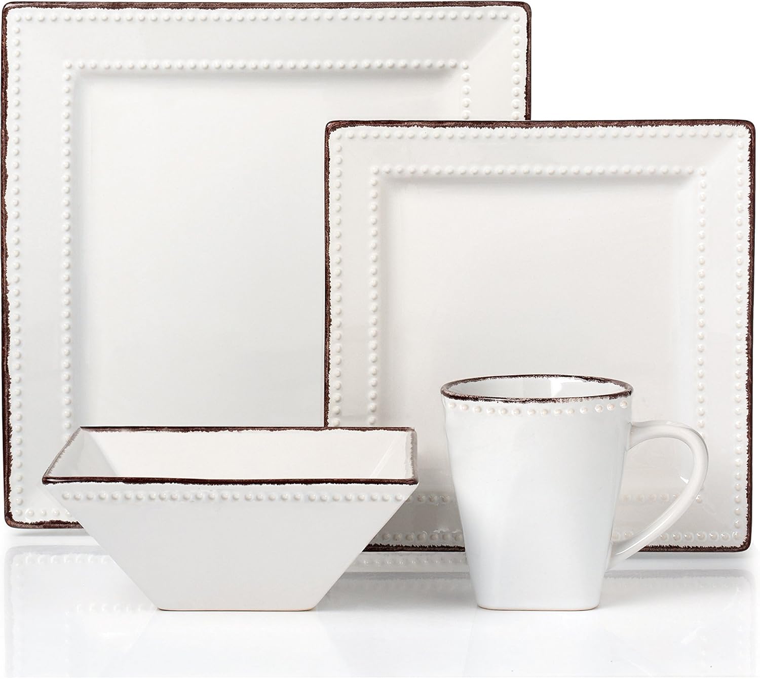16 Piece Square Beaded Stoneware Dinnerware set by Lorren Home Trends, White
